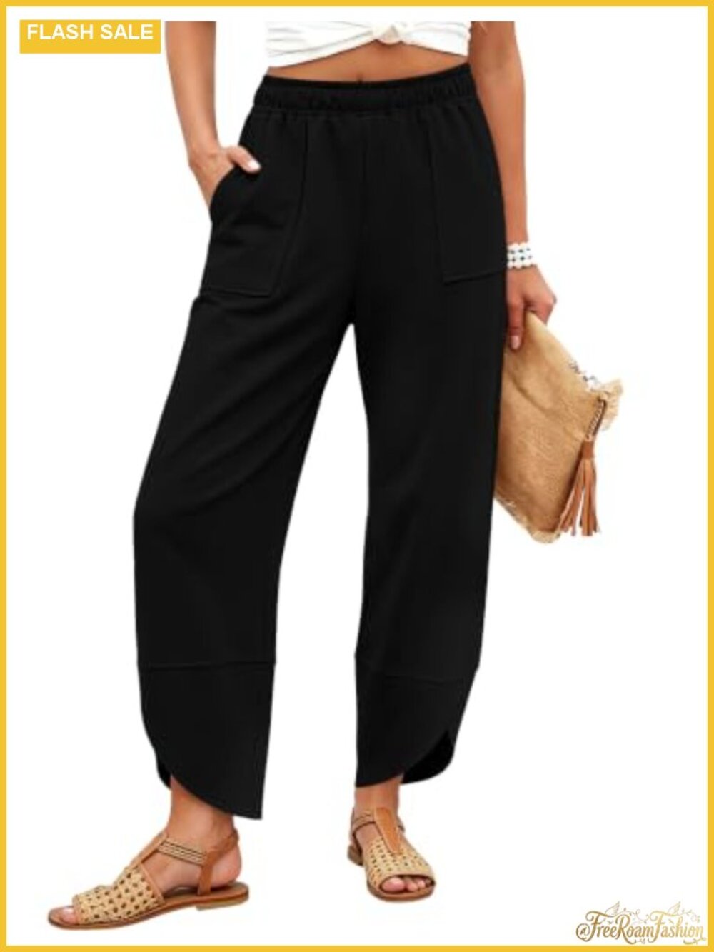 Wide Leg Barrel Capri Pants Women Loose Fit Pleated Elastic Waist Summer